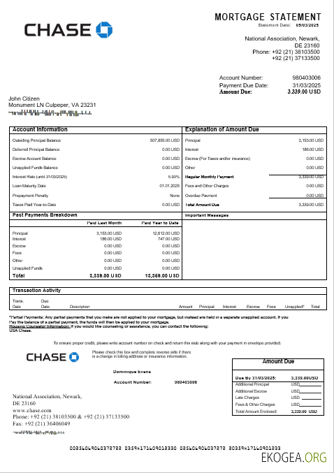 Relevé hypothécaire USA Chase aux formats Word et PDF template Relevé hypothécaire USA Chase aux formats Word et PDF template
